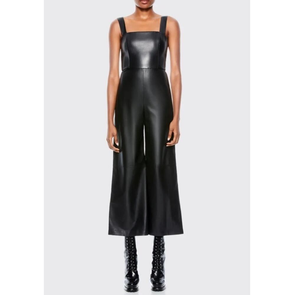 NWT Alice + Olivia Avelina Faux Leather Wide Leg Cropped Jumpsuit Black sz 4